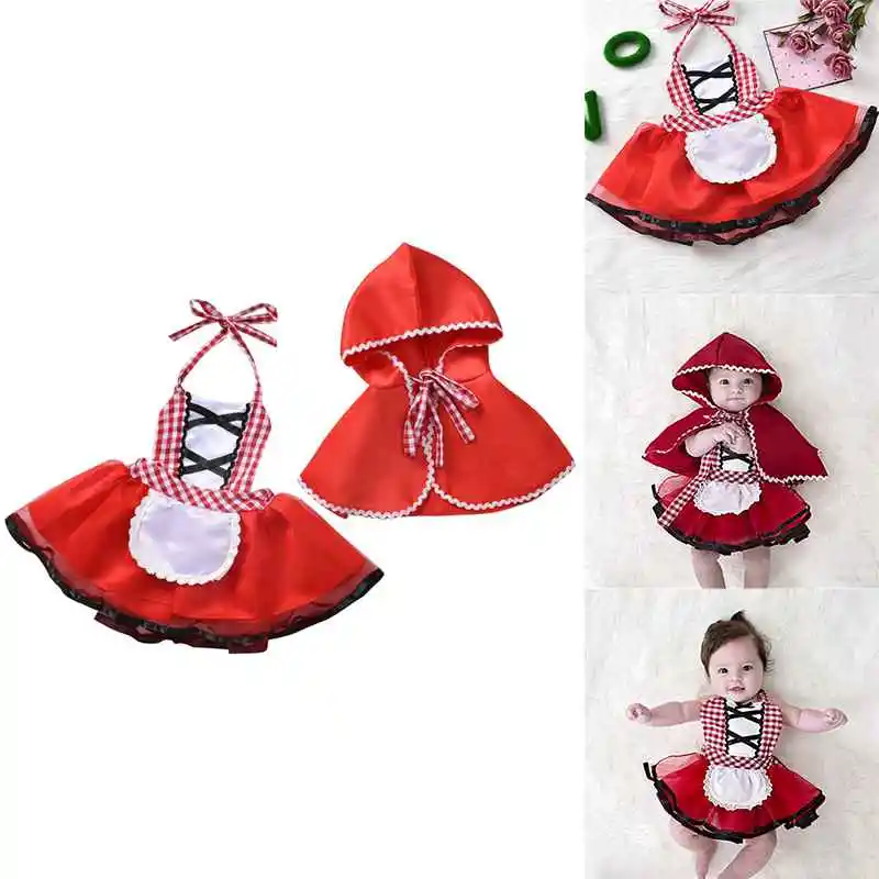 Newborn Toddler Baby Girls Halter Tutu Romper Dress Red Cloak Little Red Riding Hood Outfits Party Cosplay Costume