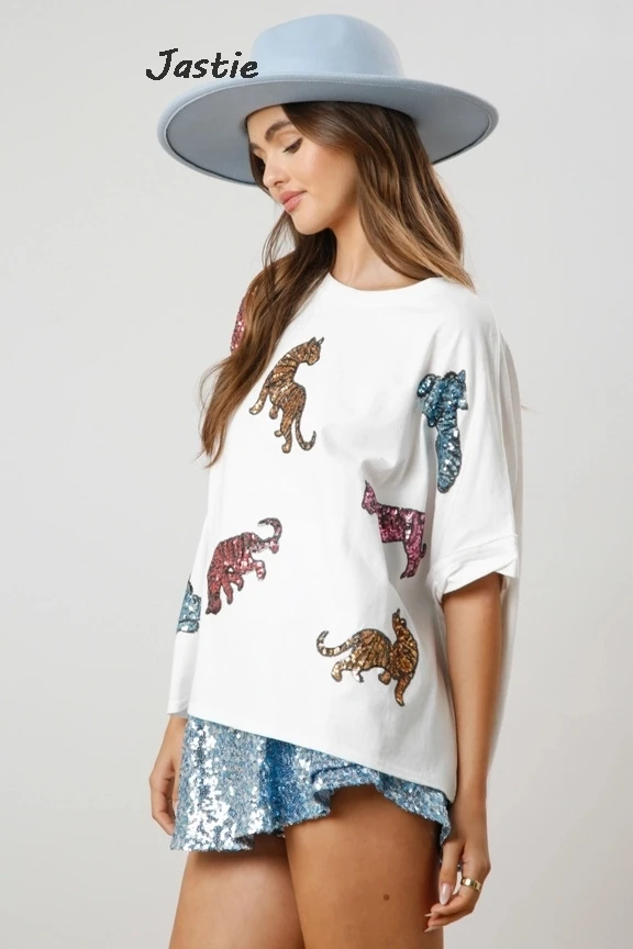 2024 Summer New Tiger Animal Sequin Cute Short Sleeve TeeTop Casual Fashion Loose T-shirt For Women