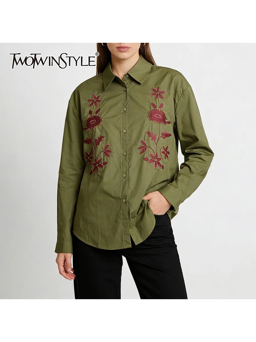 

TWOTWINSTYLE Loose Spliced Embroidery Fashion Shirts for Women Lapel Long Sleeves Patchwork Single Breasted Elegant Shirt Female