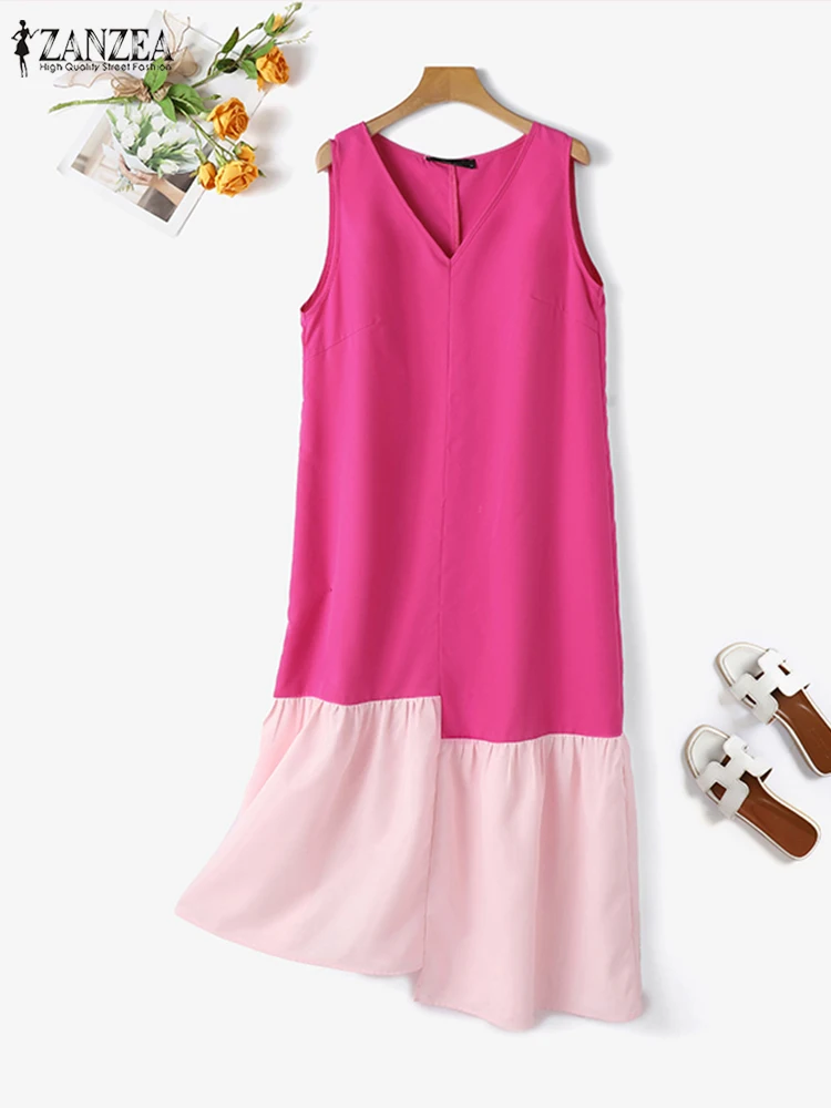 ZANZEA-Vestido Midi asimétrico de retazos para mujer, ropa informal con cuello de pico, dobladillo con volantes, sin mangas, para vacaciones, verano 2024