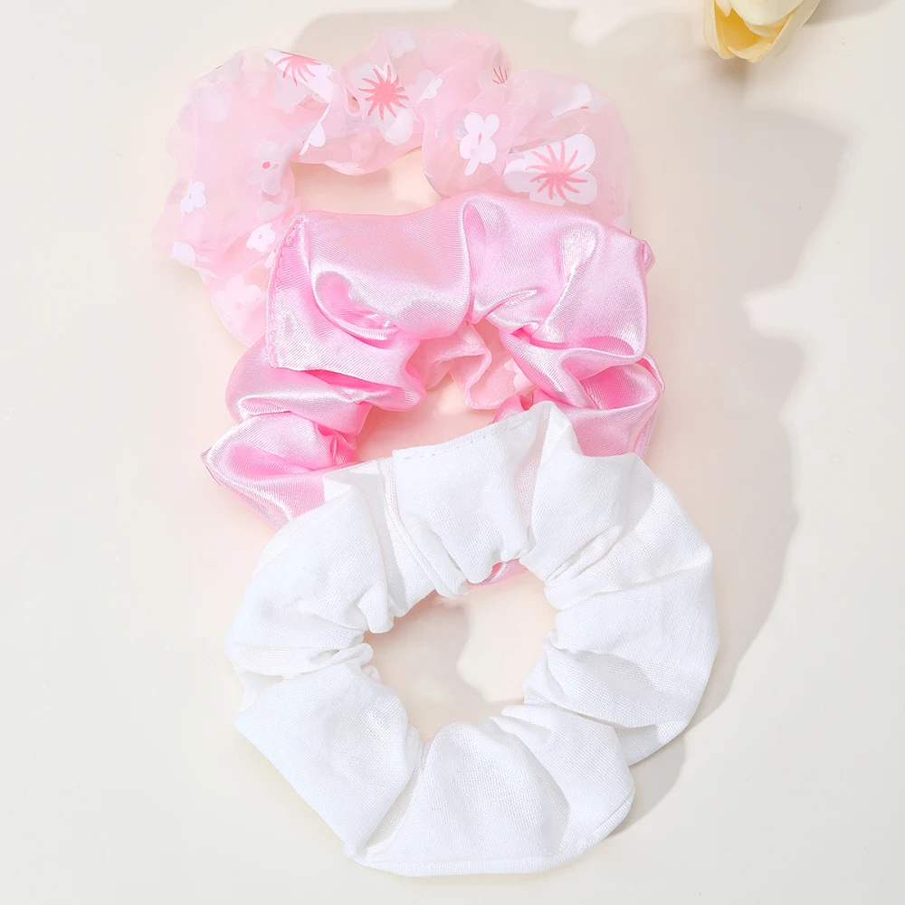 3 PC Pink White and Floral Hair Tie Scrunchies Mesh Satin Hair Tie Ponytail Hair Accessories Girls Womens Elastic Hair Bands