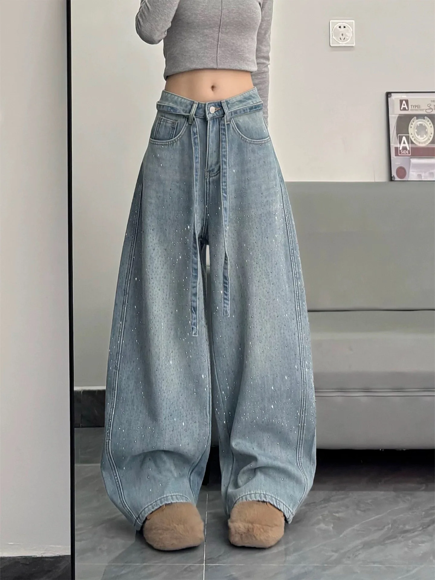 Women Y2K Wide Leg Pants American Retro Hot Stamping Sparkling Jeans Loose Floor Pants Winter