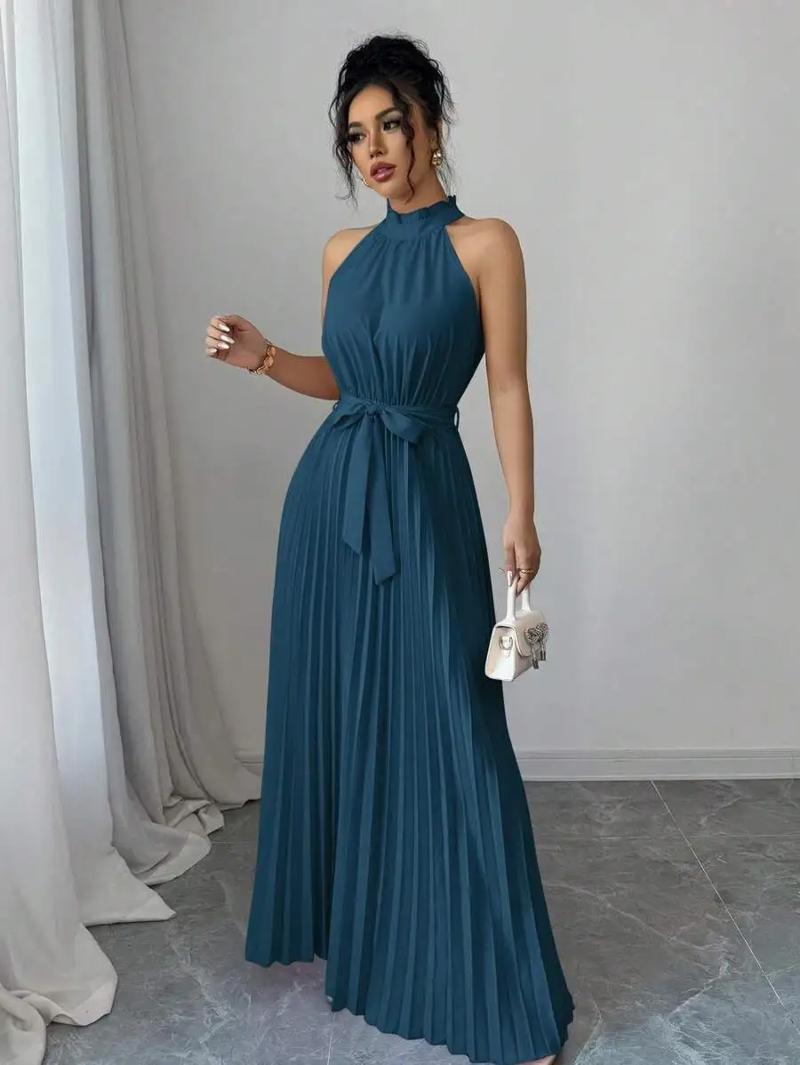 

Elegant Halter Neck Pleated Maxi Dress With Waist Tie For Women