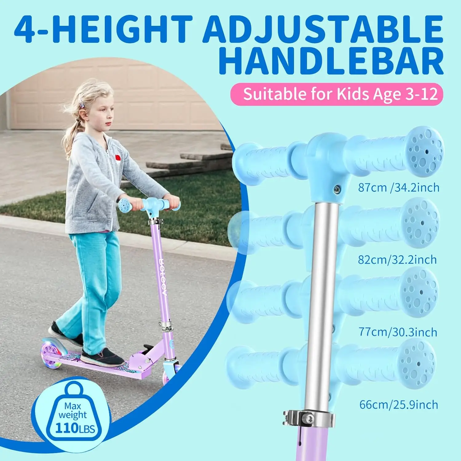 Scooters for Kids, 2 Wheel Folding Kick Scooter for Girls Boys, 3 Adjustable Height, Light Up Wheels, Lightweight Scooter with S