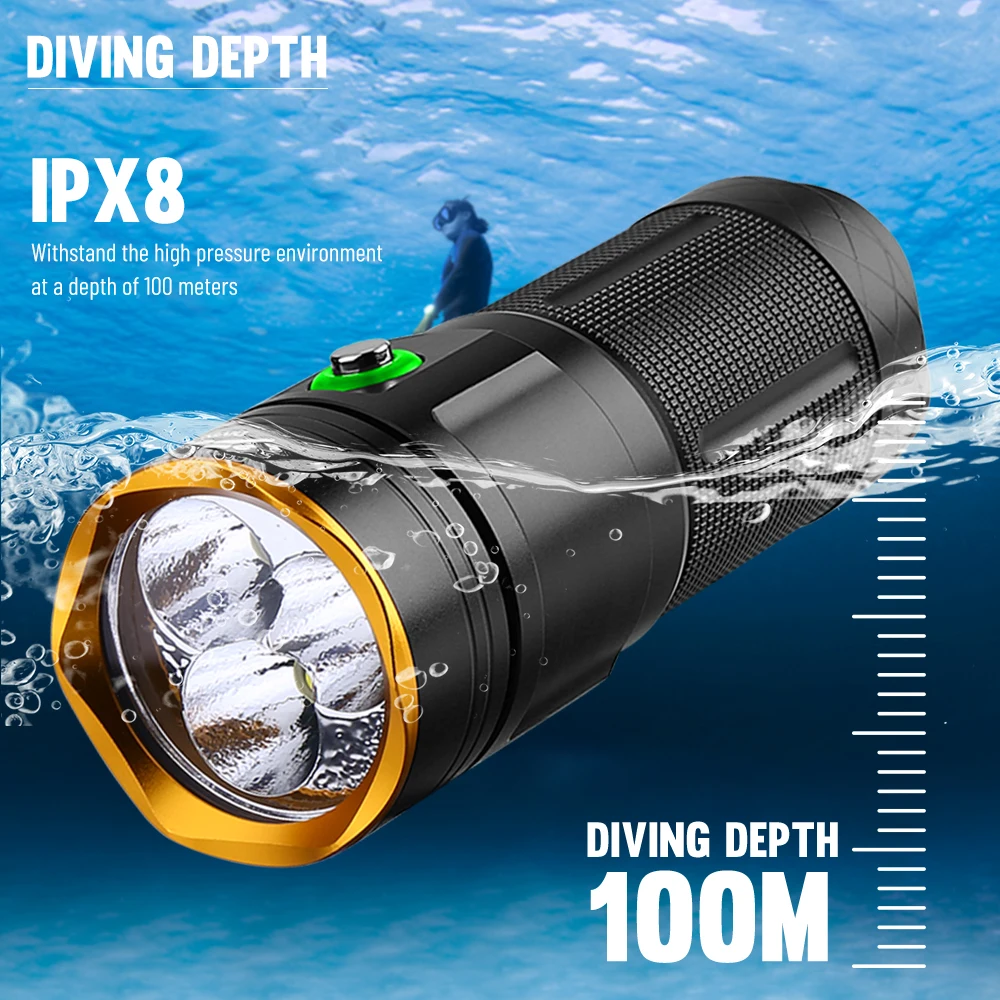 Asafee XHP50 LED Torch 4500LM White+Yellow SOS Light 100M Underwater Diving Flashlight IPX8 Waterproof Lamp Dive Lantern