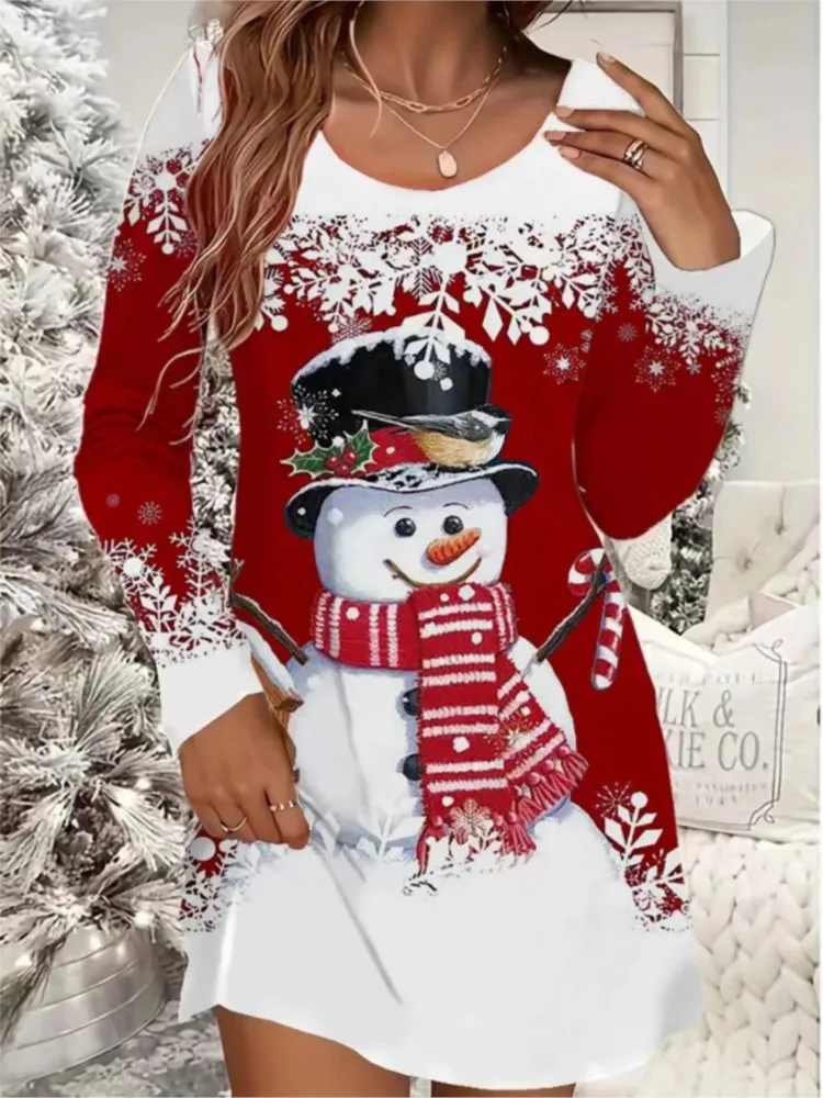 

Woman's Fashion Christmas O-neck Dress Beautiful Snowman Pattern Long Sleeves Mini Dresses Autumn Winter Lady Festival Vestidos