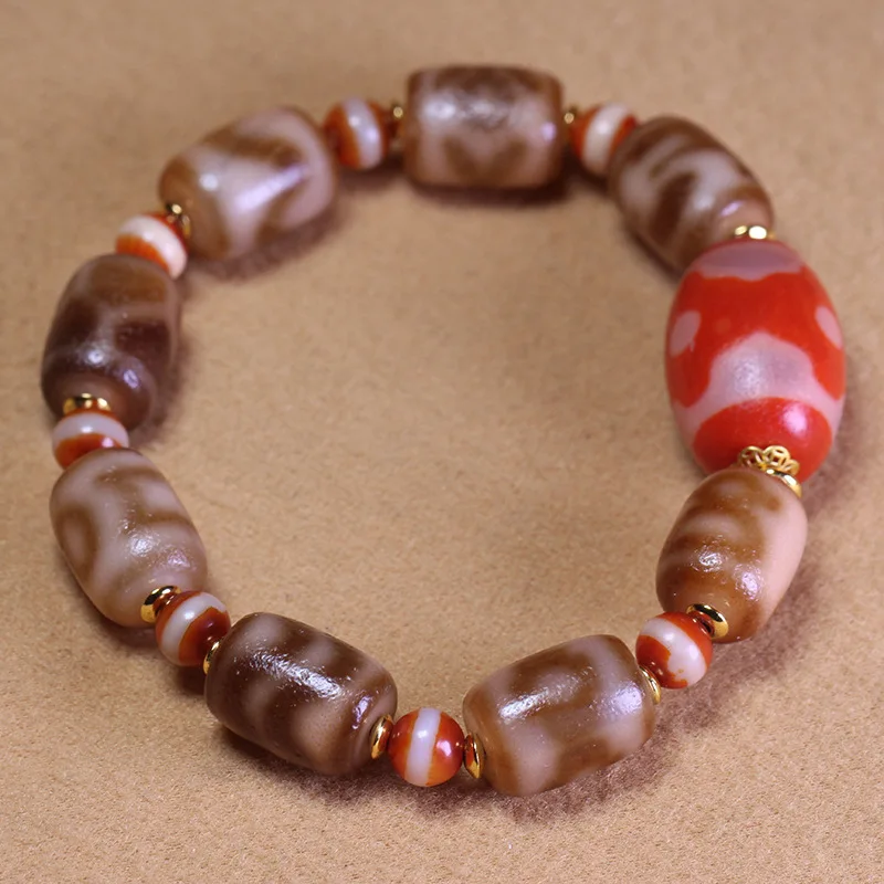 Tibetan-Style Multi-Bead Dzi , Red Agate With Three Eyes, Single-Strand Bracelet, Vintage Unisex Accessory