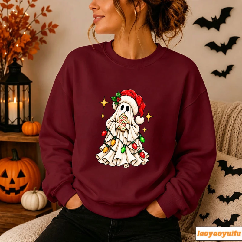 Cute Christmas Ghost Santa Hat Holly Xmas Lights Tree‑Shaped Cookie Star Spooky Festive Winter Holiday Cartoon Graphic Pullover