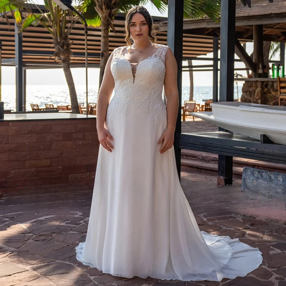 Sexy Plus Size Wedding Dress Sleeveless Deep V Neck Sequined Applique Chiffon Beach Boho Bridal Gown Robe De Mariee