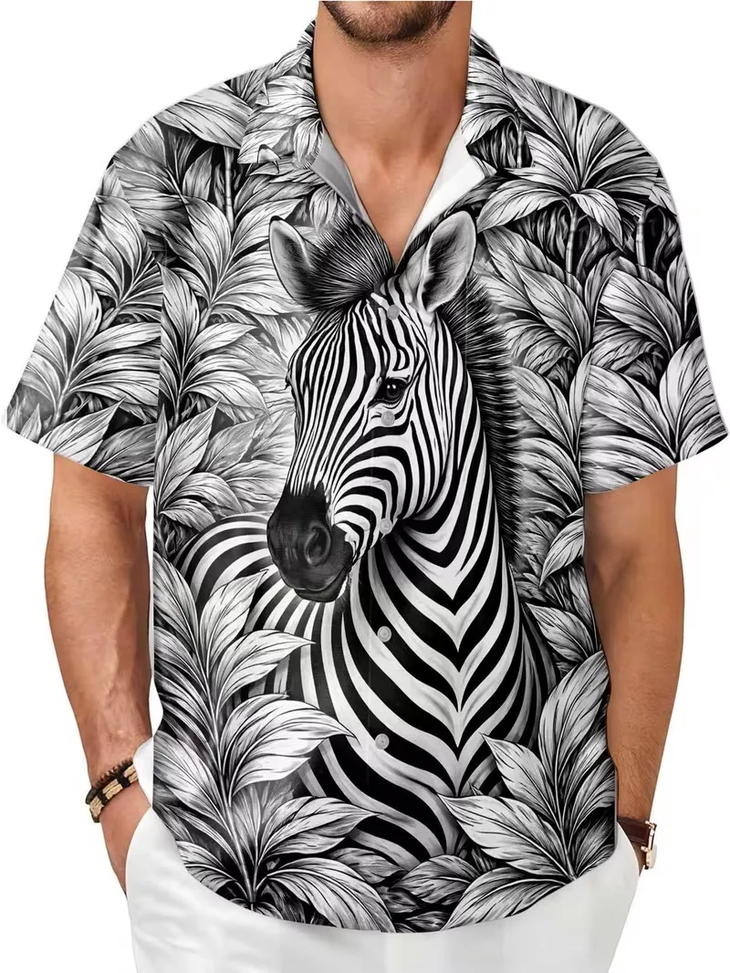 

Men's 3D Zebra Tropical Leaf Print Hawaiian Shirt Casual Short Sleeve Button Down Shirt Summer Beach Vacation Aloha Shirts Top