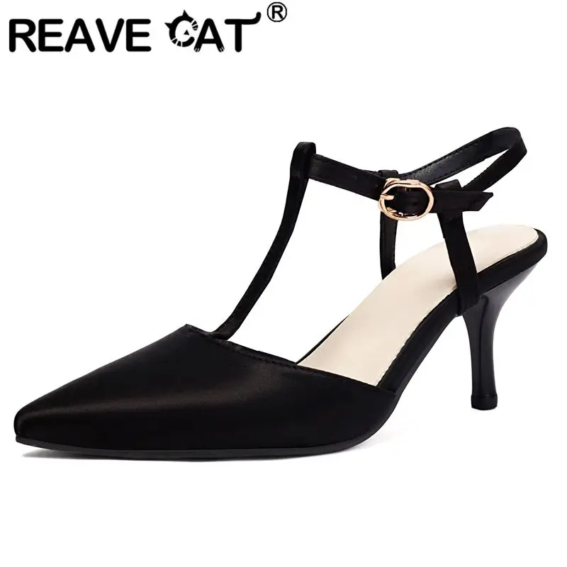 REAVE CAT Brand 2026 Women Sandals Pointed Toe Thin Heels 7.3cm Buckle T-Strap Large Size 44 45 46 Fashion Dating Shoes Summer
