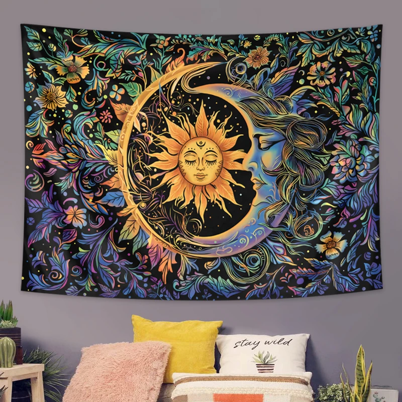 1PC Sun and Moon tapestry, mysterious floral tapestry, hippie style floral plant wall retro aesthetic tapestry