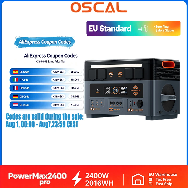 Oscal PowerMax Tragbare Powerstation 2400 * 2W 3892WH Solarzelle für Outdoor-Camping, Notfälle zu Hause, Mobile Stromversorgung
