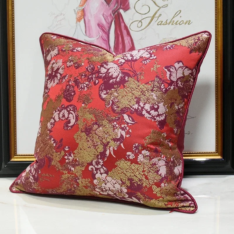 Home Decorative Chinese Red Flowers Jacquard Woven Pillow Case Square 45x45cm Armchair Lumbar Cushion Cover 1 Piece pack