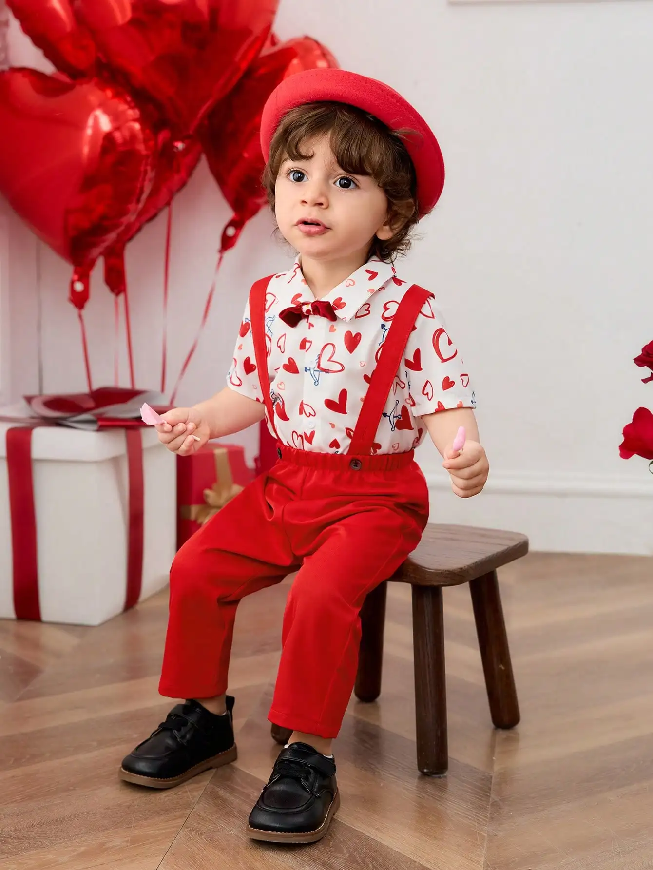 

2-Piece Baby Boy Outfit: Heart Print Shirt with Bowknot Collar & Red Suspender Pants for Festive Occasions