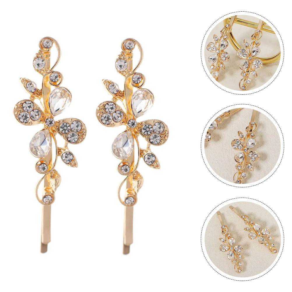 

2pcs Floral Design Hair Clips Crystal Side Clip Bridal Hairpin Jewelry Decorative Bobby Pins Women Thick Hair Accessories