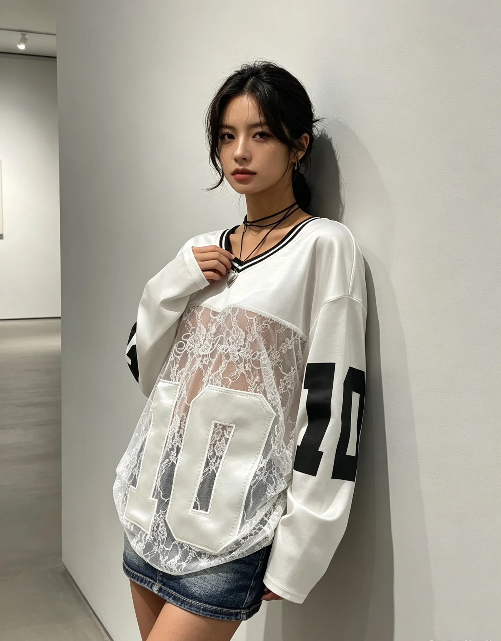 American Style Spicy Girl Style Semi Transparent Lace Patchwork Digital Jersey V-Neck Contrasting Color Loose Slimming Pure Desi