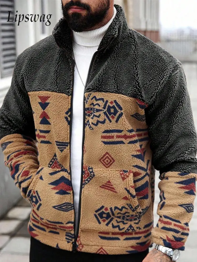 Vintage Patchwork Sweater Coats Mens Fashionable Contrast Color Stand Collar Long Sleeve Jacket Men Winter Zip-up Outerwear