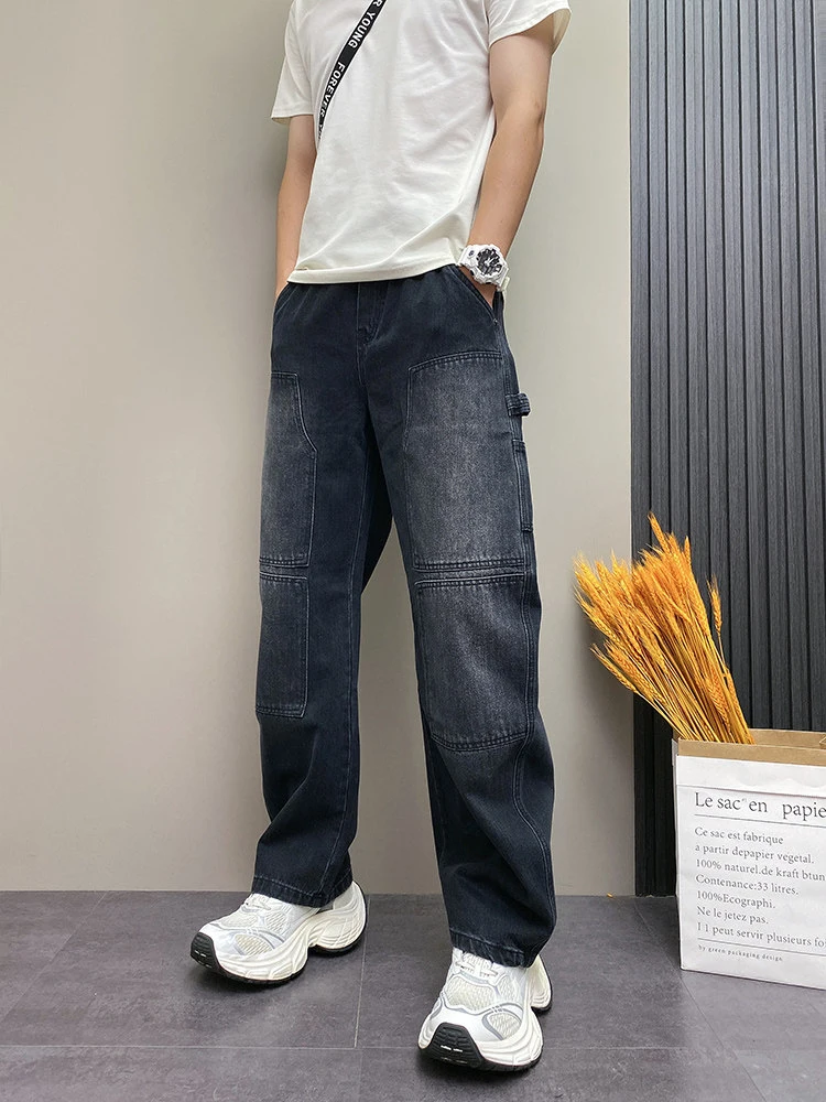 

Luxury High Quality Straight Leg Washed Denim Jeans Men's Spring Autumn Harem Sporty Slim Fit Workwear Nine Point Pants