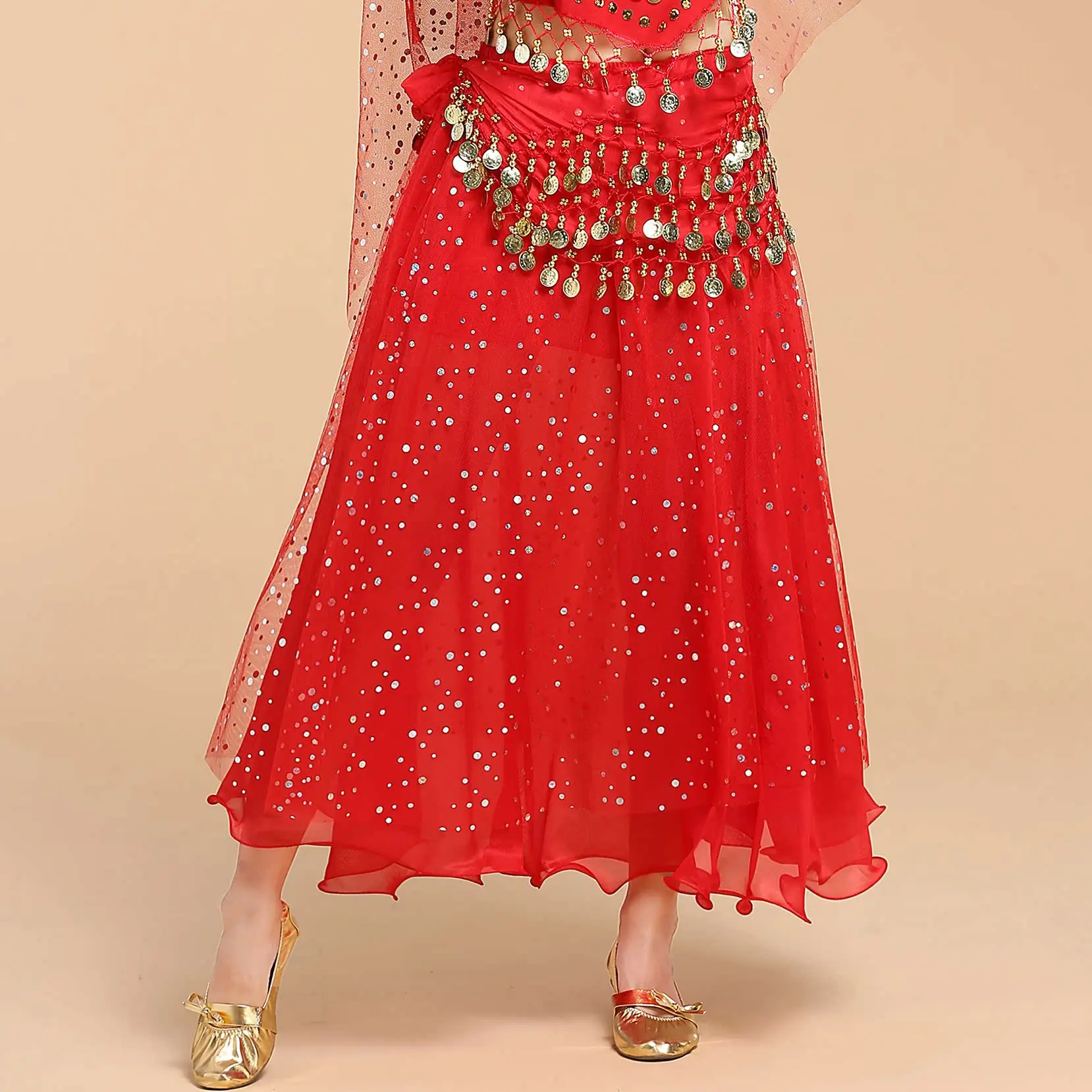 Personalizado desempenho de dança indiana costumessports saias de dança de fitness traje de dança do ventre saias de balanço grandes saias de pontos coloridos
