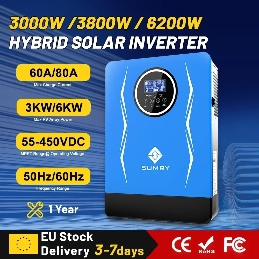 SUMRY Hybrid Solar Inverter Pure Sine Wave MPPT 1.8kw 3kw 3.8kw 6.2kw 12v  24v 48v to 220v Solar Charger Power Home Inversor