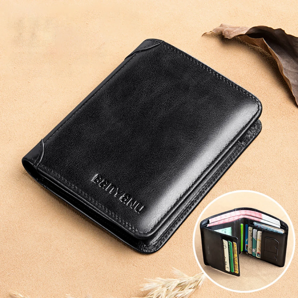 Men's Wallet Top Quality Leather Rfid Blocking Protection Slim Short ID Credit Card Holder Business Male Purse Pocket Money Bags