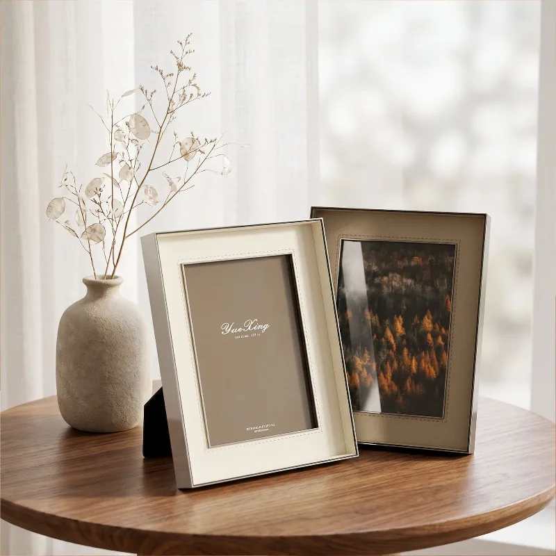 Luxury Photo Frame 6/7-inch Faux Leather Steel Picture Frame Minimalist Tabletop Large Photo Mount Modern Aesthetic Home Decor
