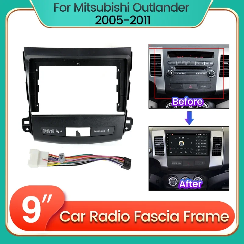 9 inch Autoradio Frame Kabel Dash Mount Kit voor Voor Mitsubishi Outlander 2005-2011 Audio Face Plaat Stereo plastic Fascia Panel