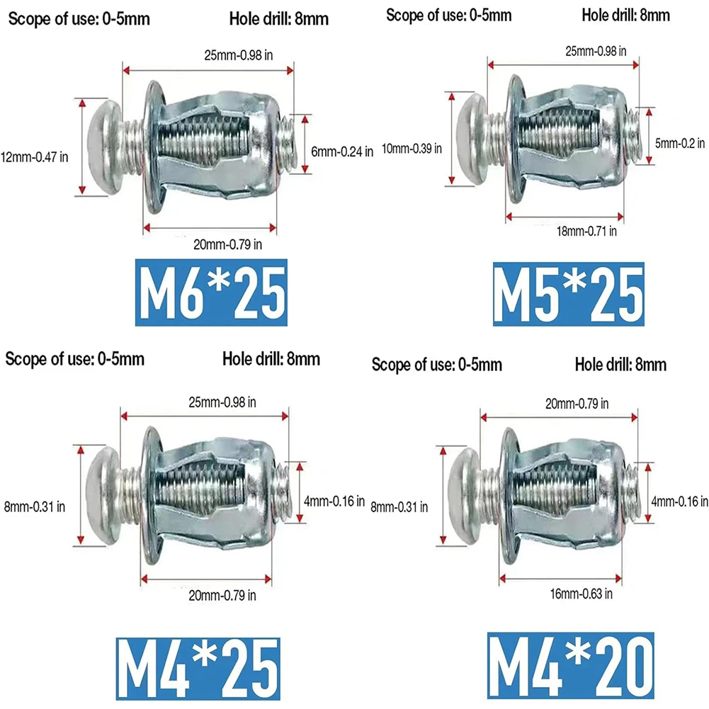 20 peças porcas de parafuso de expansão com parafuso formato de pétala rebites porca de metal parafuso oco folha de ferro placa de plástico ferragens de móveis
