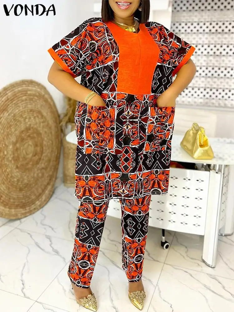 Plus Size Women Pants Sets 2024 Summer V Neck Short Sleeve Printed Party Suits VONDA Sexy Pocket Matching Sets Loose Clothing