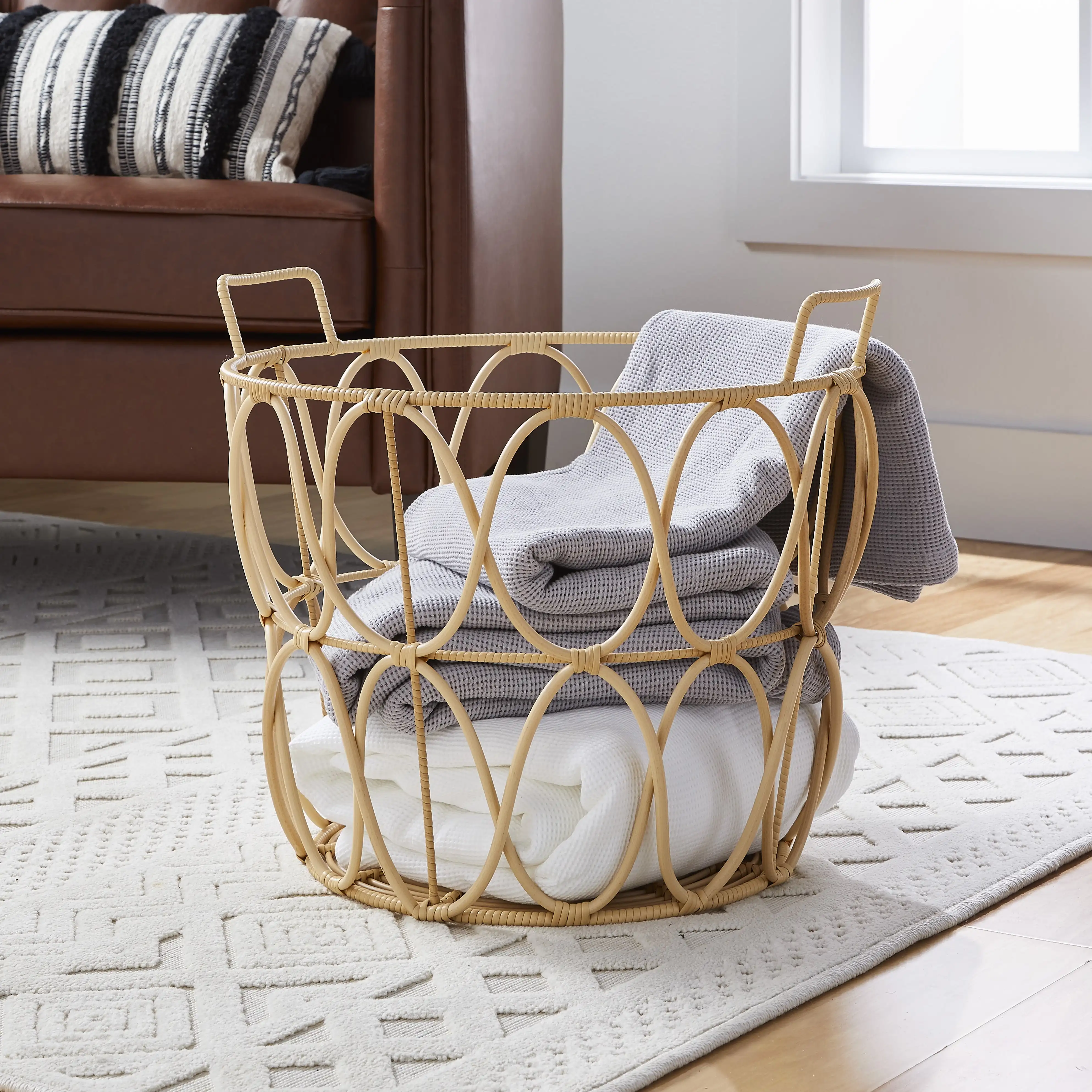 Large Natural Poly Rattan Open Weave Round Fabric Basket
