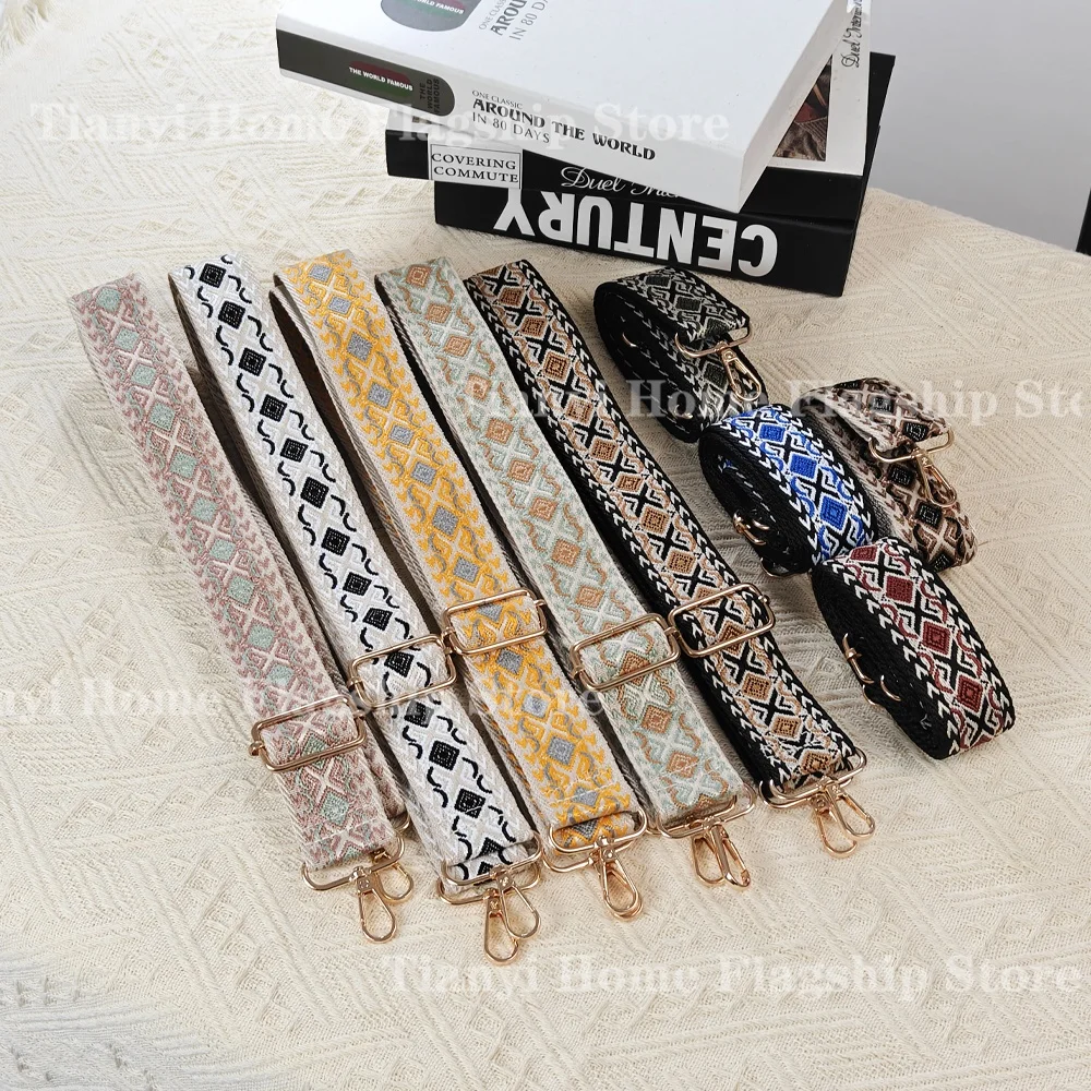 

Replacement Wide Bag Strap Adjustable Boho Ethnic Geometric Embroidered Woven Gold Buckle Detachable For Crossbody Handbag Purse