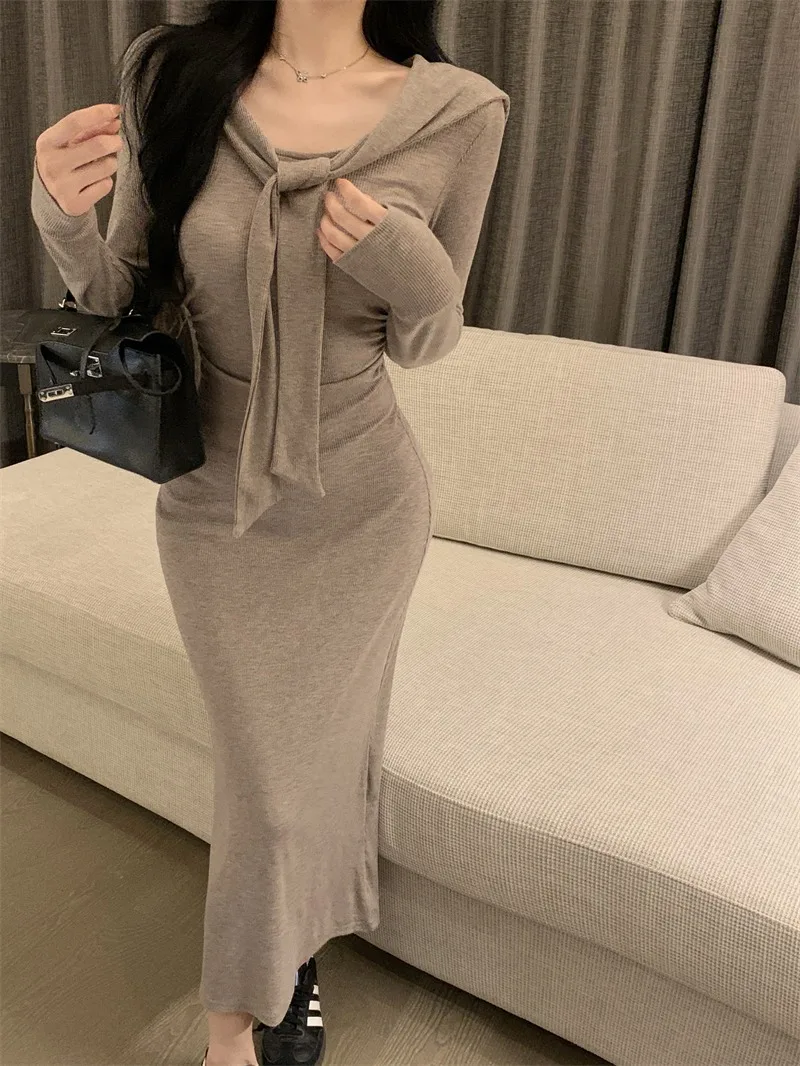 Long Sleeve Dresses Women Fake 2pcs Shawl Bodycon Comfortable Korean Fashion Solid Sweet Sexy Girls Autumn Hip-covering Vestidos