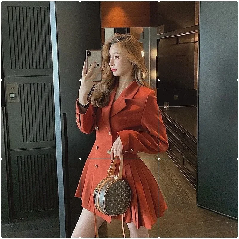 4XL Women\'s Fat mm Hepburn Double breasted Blazer Suit Dress Autumn and Winter Waist Shrinking Long Sleeve Pleated Dress Orange