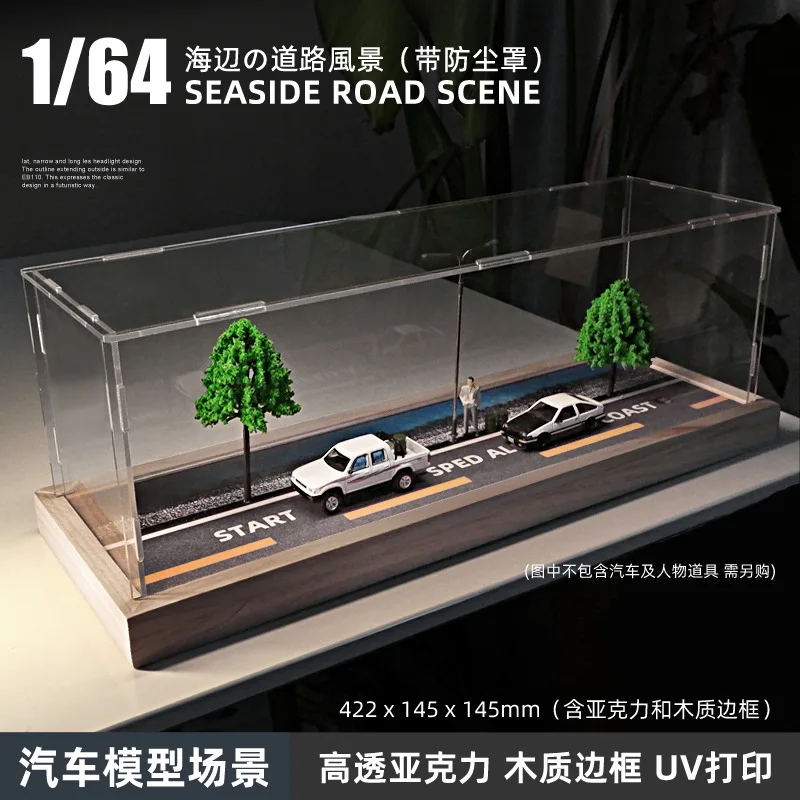 1:64 Garage Beach Road Scene Parking Lot Wooden Base Cabinet Box for Car Model Vehicle Miniatures Toy Decoration Collection Gift