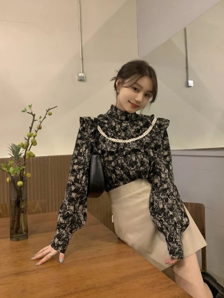 2026 blusa floral vintage feminina estilo francês gola plissado emenda camisa primavera outono casual chique topo