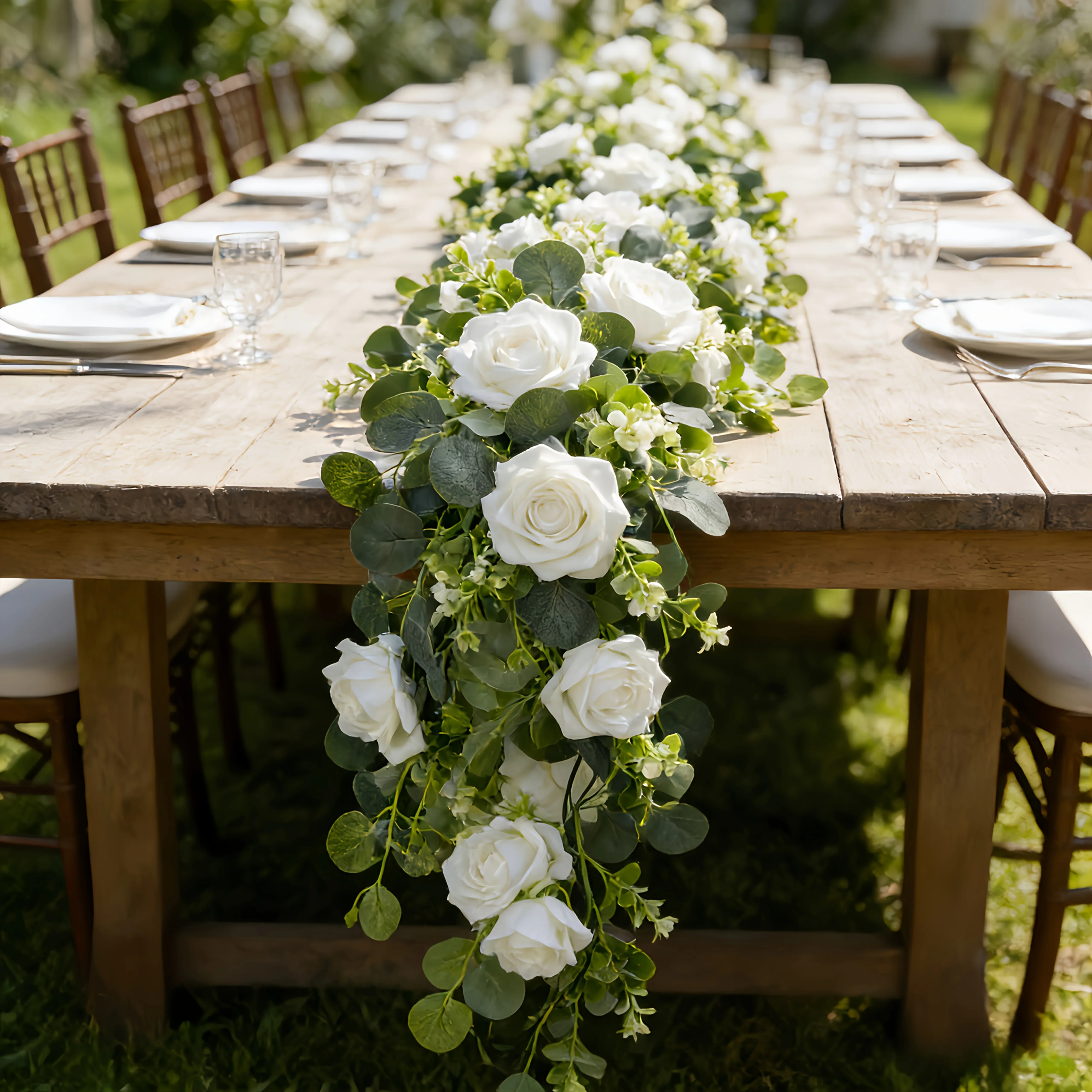 14/7 Stück Künstliche Blumen Weiße Rosen Eukalyptusblätter Künstliche Rankengirlanden | Ganzjahres-Hängedekoration für Hochzeiten, ideal für Ostern – Detail 6