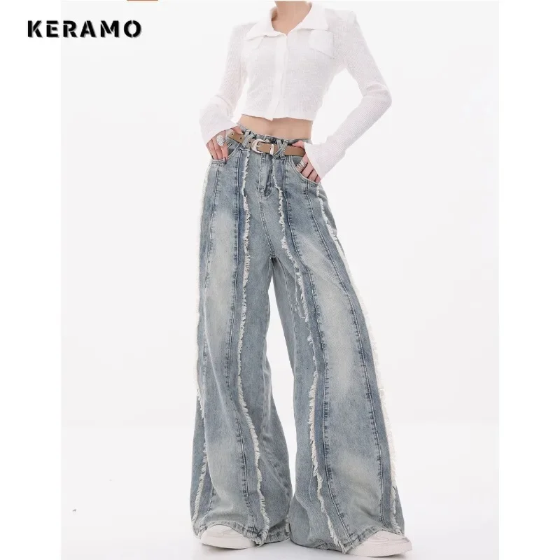 PB&ZA Women's Y2K Tassels Baggy Denim Trouser Washed Vintage Casual 2000s Emo Blue Pants High Street Retro High Waist Sexy Jeans