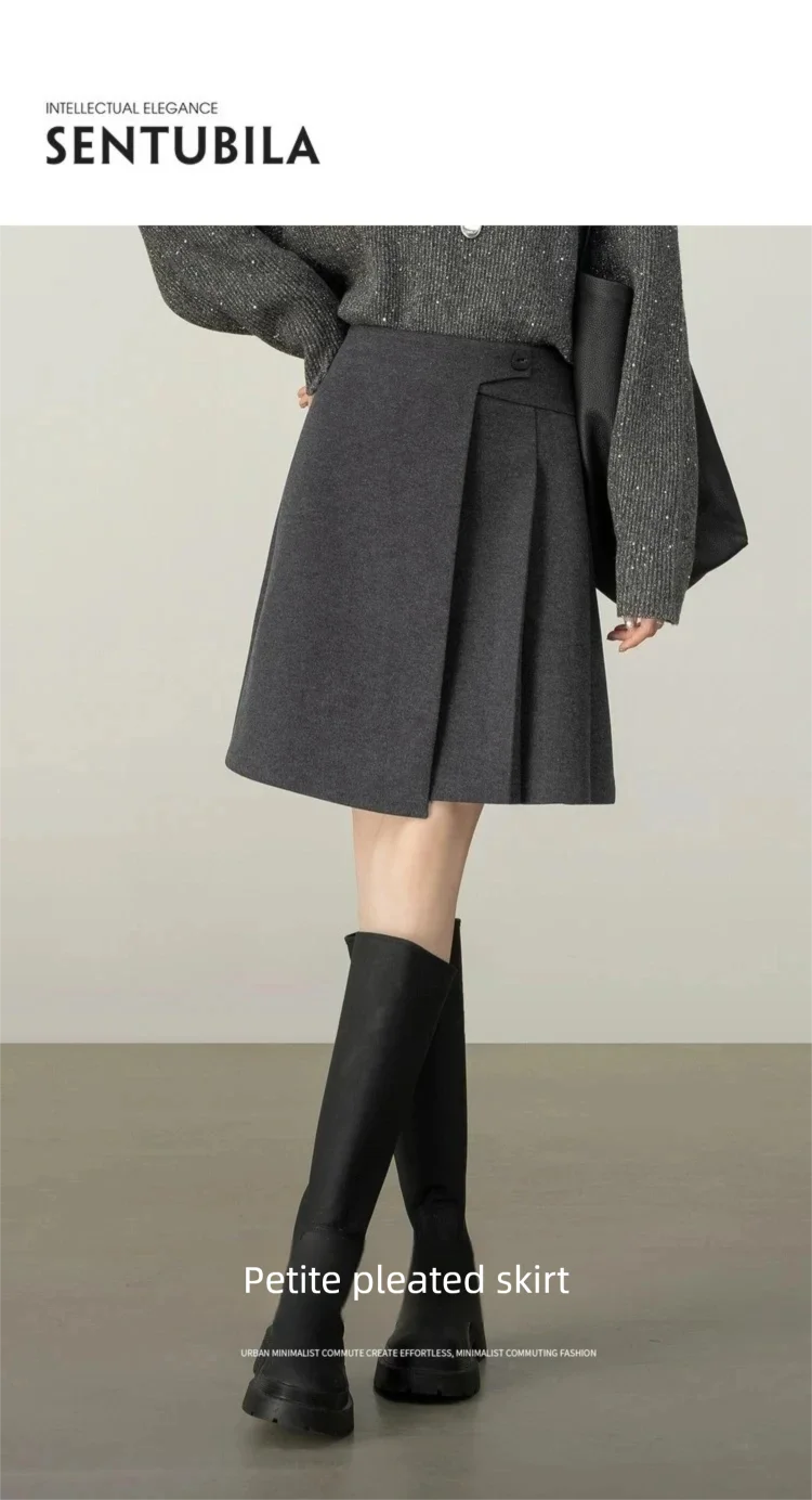 SENTUBILA Damen Kurzer A-Linien-Rock 2026 Winter Neuer Büro- und Freizeitrock mit Hoher Taille und Unregelmäßigem Saum, Einfarbiger Plissierter Rock 154QP3745 – Detail 3