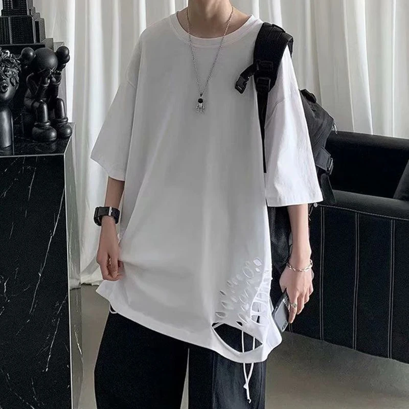 Black White Short Sleeve O Neck Men Sweatshirts Summer Hip Hop Punk Ripped Hole Korean Handsome Cool Boys Oversized T Shirt Tops