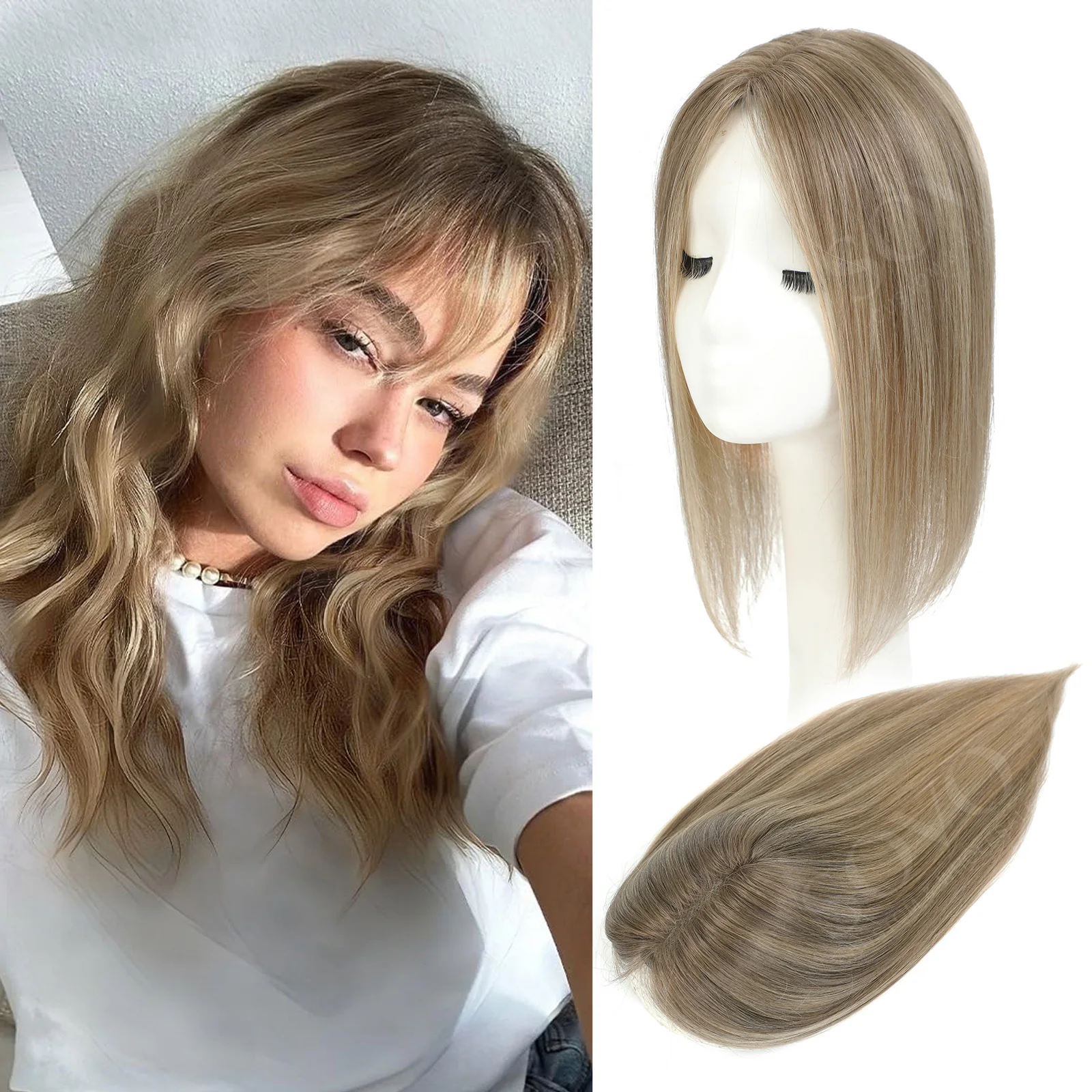 12 Inch Blonde to Brown Ombre 100% Human Hair Toppers with Dark Root Middle Part Lace Base 9x14cm Clip In Hairpiece Women Toupee