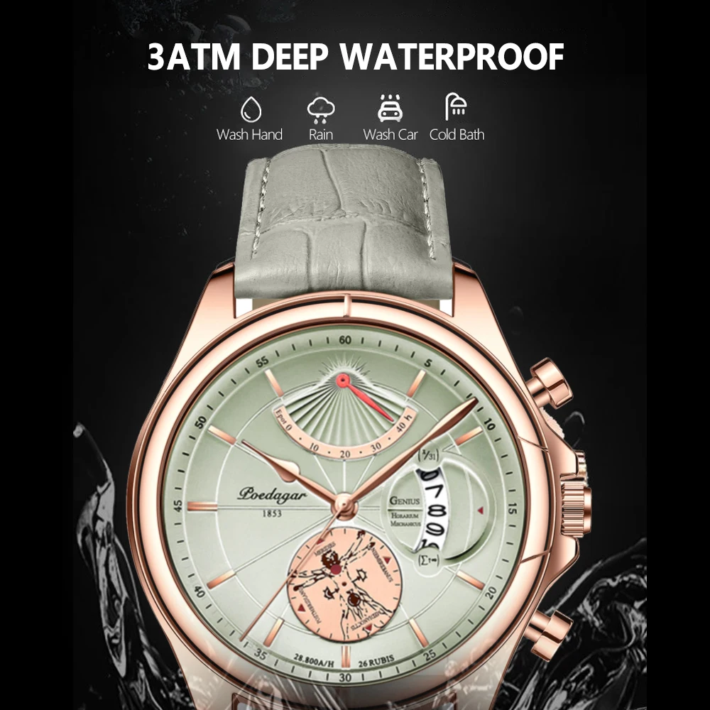 POEDAGAR Luxury Business Men's Quartz Wristwatch Waterproof Luminous Date Leather Man Watch Fashion Watches For Men Reloj Hombre