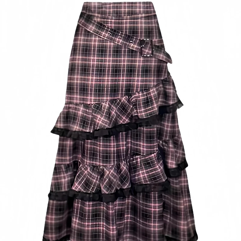 Falda acampanada a cuadros para mujer, diseño Vintage, dulce, rosa y negro, corte en A, encaje, faldas largas holgadas y versátiles, novedad de otoño