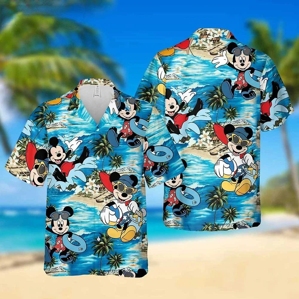 Camisa havaiana feminina disney mickey mouse masculina, roupa de manga curta, praia, roupa de família, verão