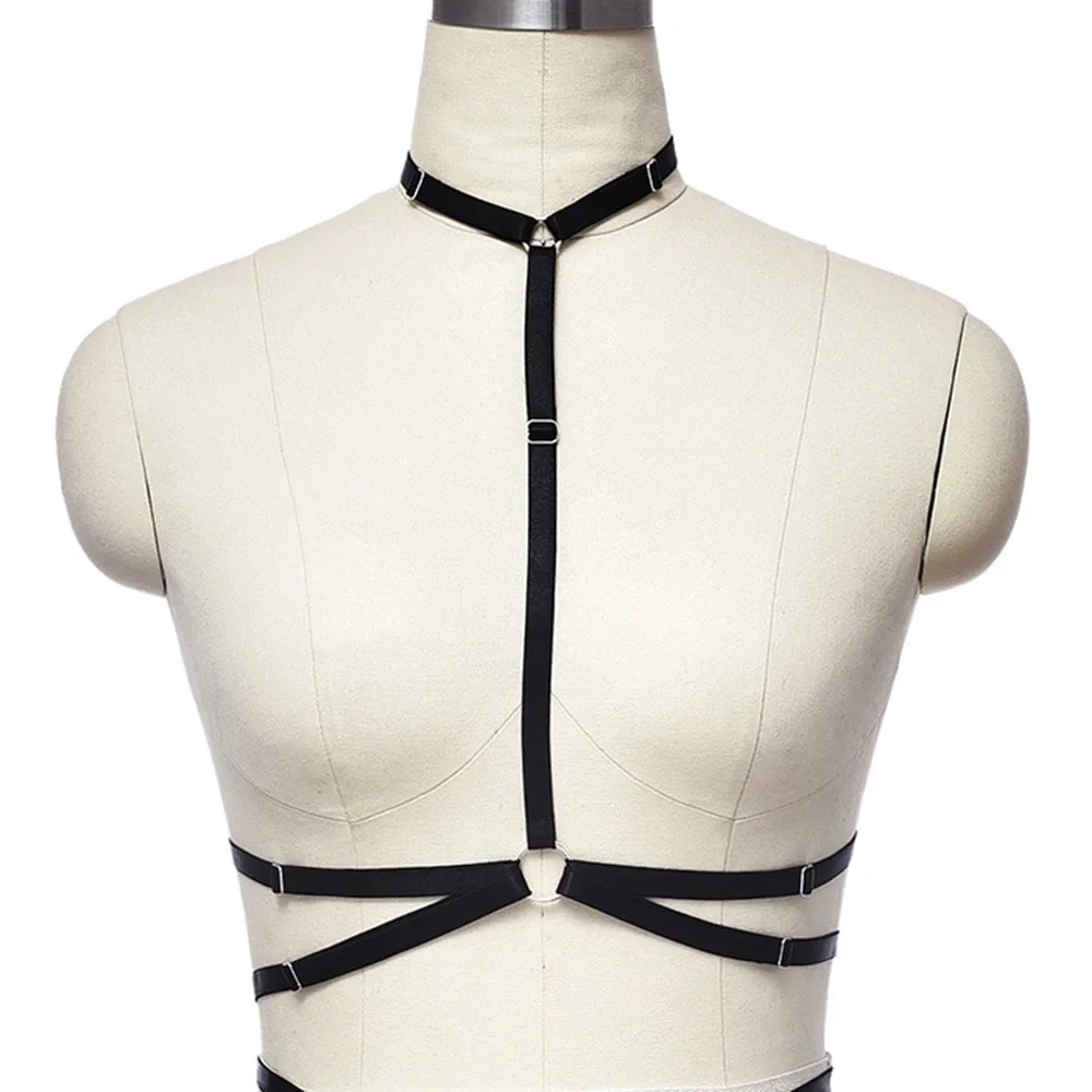 Black Harness Bra Women Sexy Lingerie Body Belt Punk Adjustable Bondage Harness Hollow Open Chest Bra Goth Elastic Body Cage