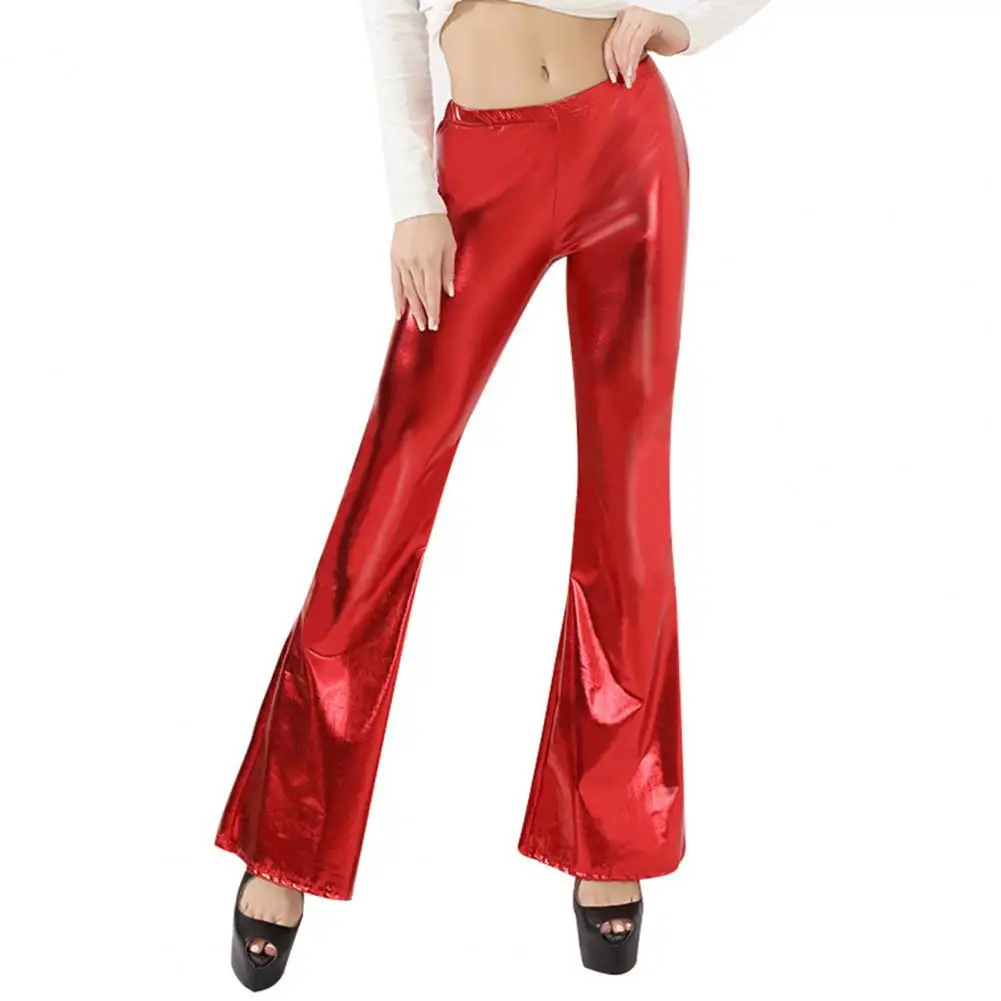 

Comfortable Women Trousers Slim Fit Trousers Bright Color Faux Leather Flared Pants for Women Slim Fit Mid-rise Trousers