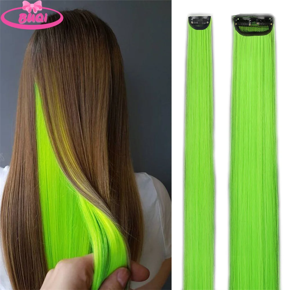 BUQI Fluorescent Green Hair Extension Clip In Hair Tinsel Heat Resistant Hair Synthetic Hair Invisible Hair Extension One- Pce