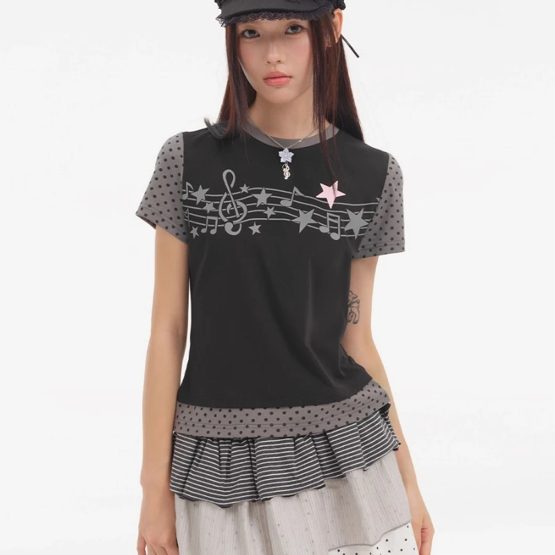 التصميم الياباني الأبيض Y2K الموسيقى ملاحظة ستار خارج الكتف قصيرة الأكمام المرأة تي شيرت جديد التخسيس تنوعا تي شيرت قصير السيدات #2