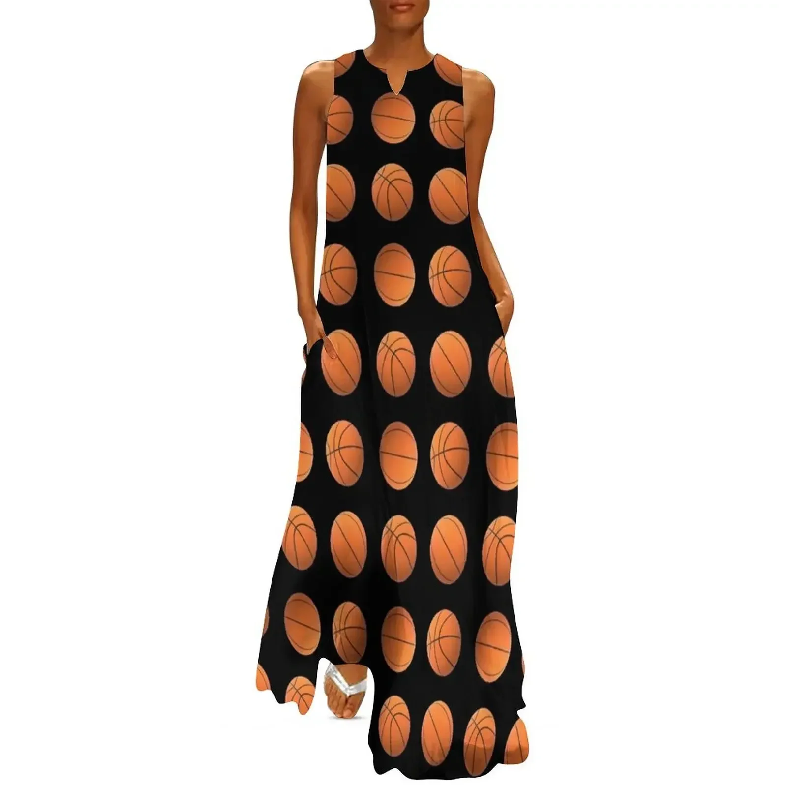 

Basketball Lovers Basketballs Pattern for Fans and Players (Black Background) Long Dress elegant women's sets Dress
