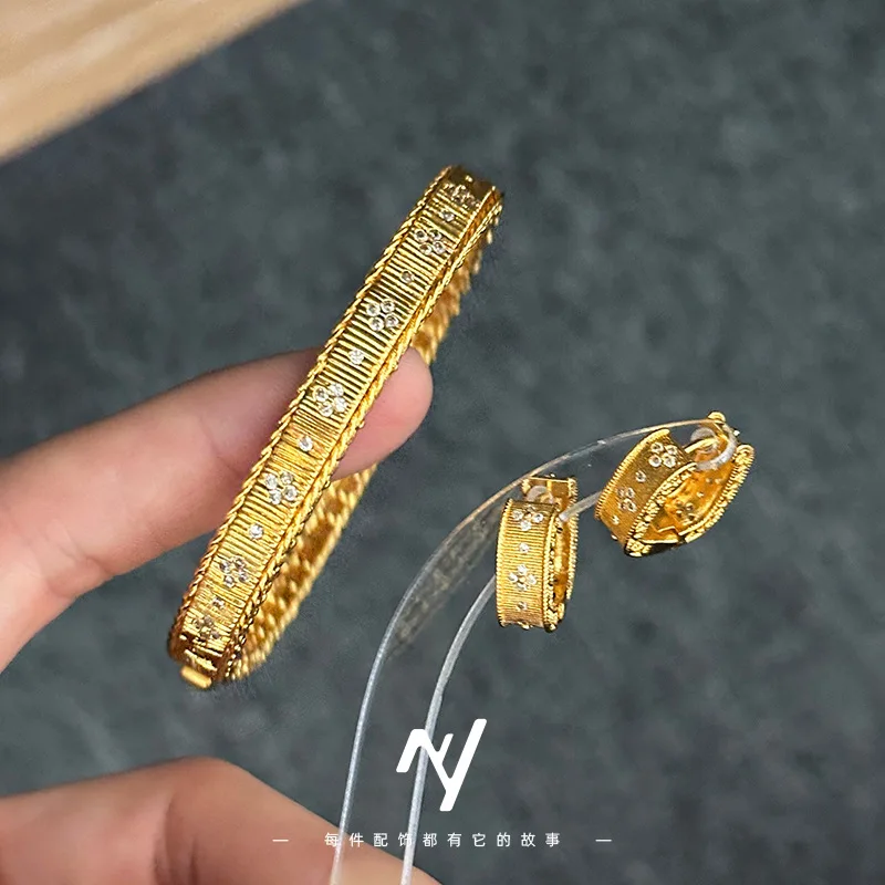 Briex Jewelry Luxury 24K 9999 Pure Gold real gold Light Luxury Italian Brushed Court Style Drill Buckle Bracelet for Women